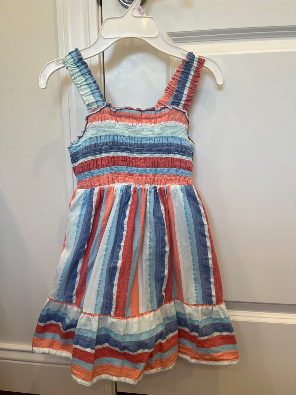 Girls Striped Summer Dress - Red, Coral, Blue & White